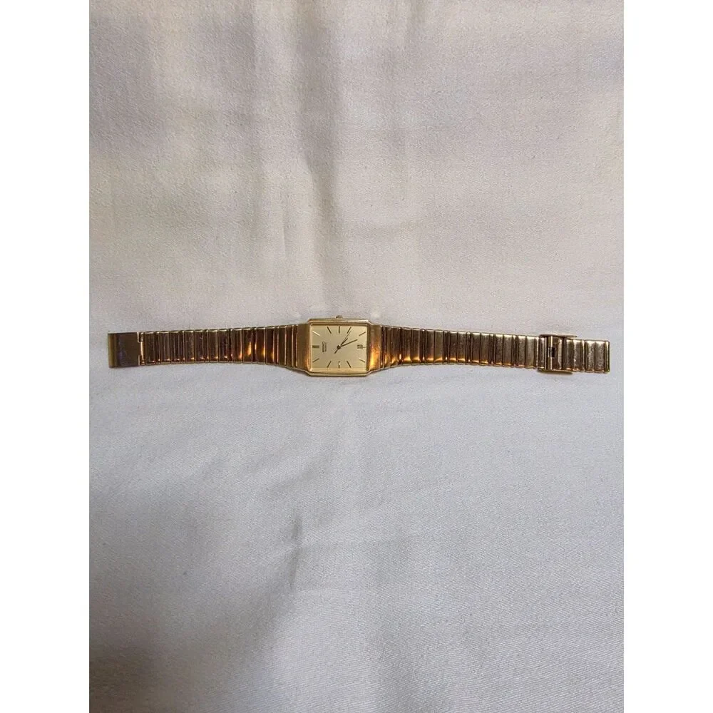 Vintage Seiko Quartz Tank Gold Tone Date Rectangular Dress Watch 5Y32 Works